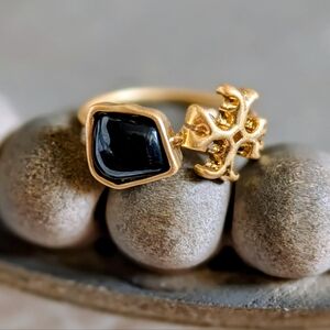 TORY BURCH Roxanne Delicate Ring Black Stone Double T Logo Size 7